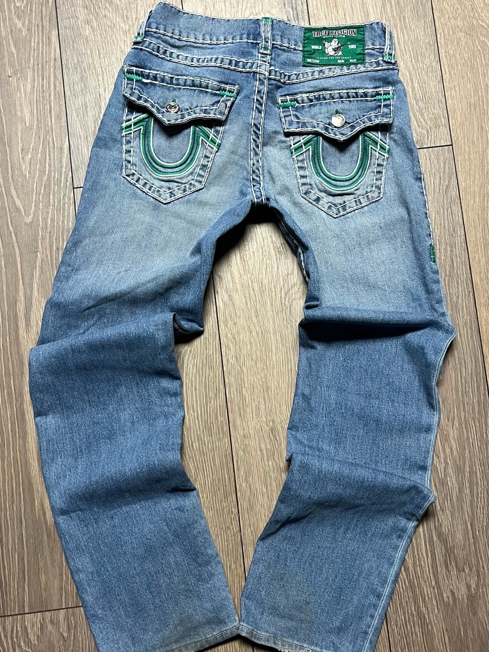 True Religion Men's Light Blue Denim Jeans with Green Accents